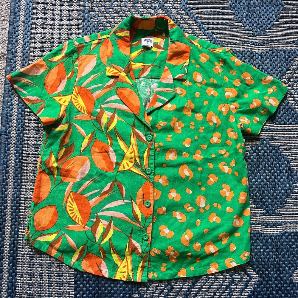 Linen blend Tabitha Brown tropical maximalist button down leopard print size S